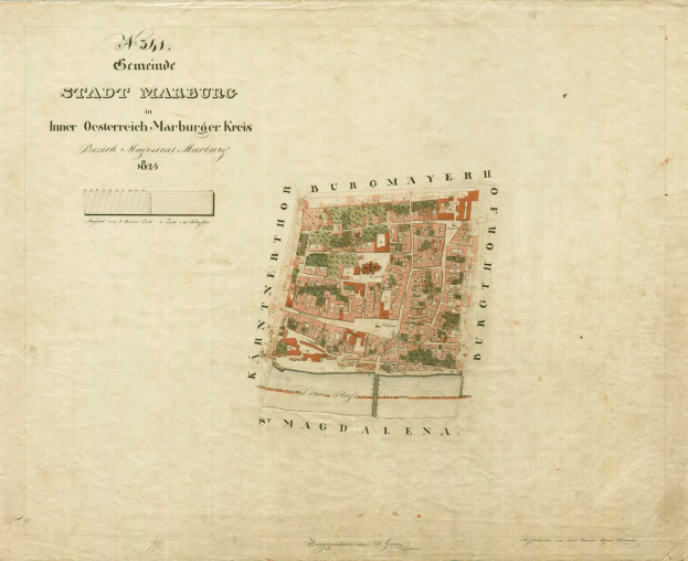 Detailiertes altes Stadtplan von Marburg mit Straßen, Gebäuden und Sehenswürdigkeiten mit beschreibendem Text.