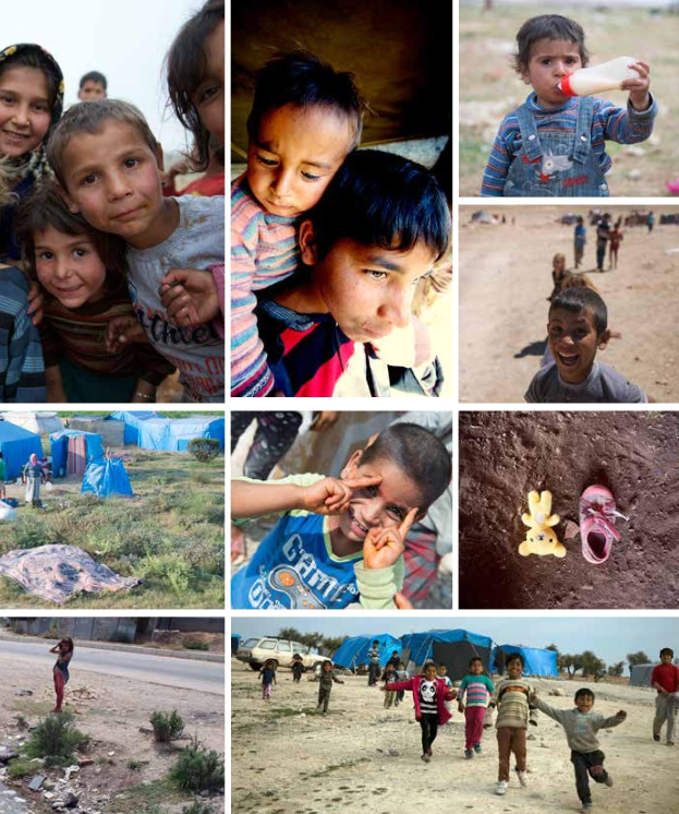 Eine Collage aus Fotos von Kindern in einer Wüstenlandschaft mit Zelten, Gras, Pflanzen und einer Straße in der Mitte, einer Person mit einer Flasche in der oberen rechten Ecke, einer Person in der unteren linken Ecke und zwei Kindern, die im Sand spielen, in der unteren rechten Ecke, die die syrische Flüchtlingskrise darstellen.