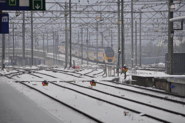 Ein Zug fährt auf schneebedeckten Schienen an einem Bahnhof vorbei, mit sichtbaren Signallaternen, Pfählen, Drähten, Schildtafeln, einer Plattform, einem Zaun, Bäumen, einer Brücke und einem bewölkten Himmel.