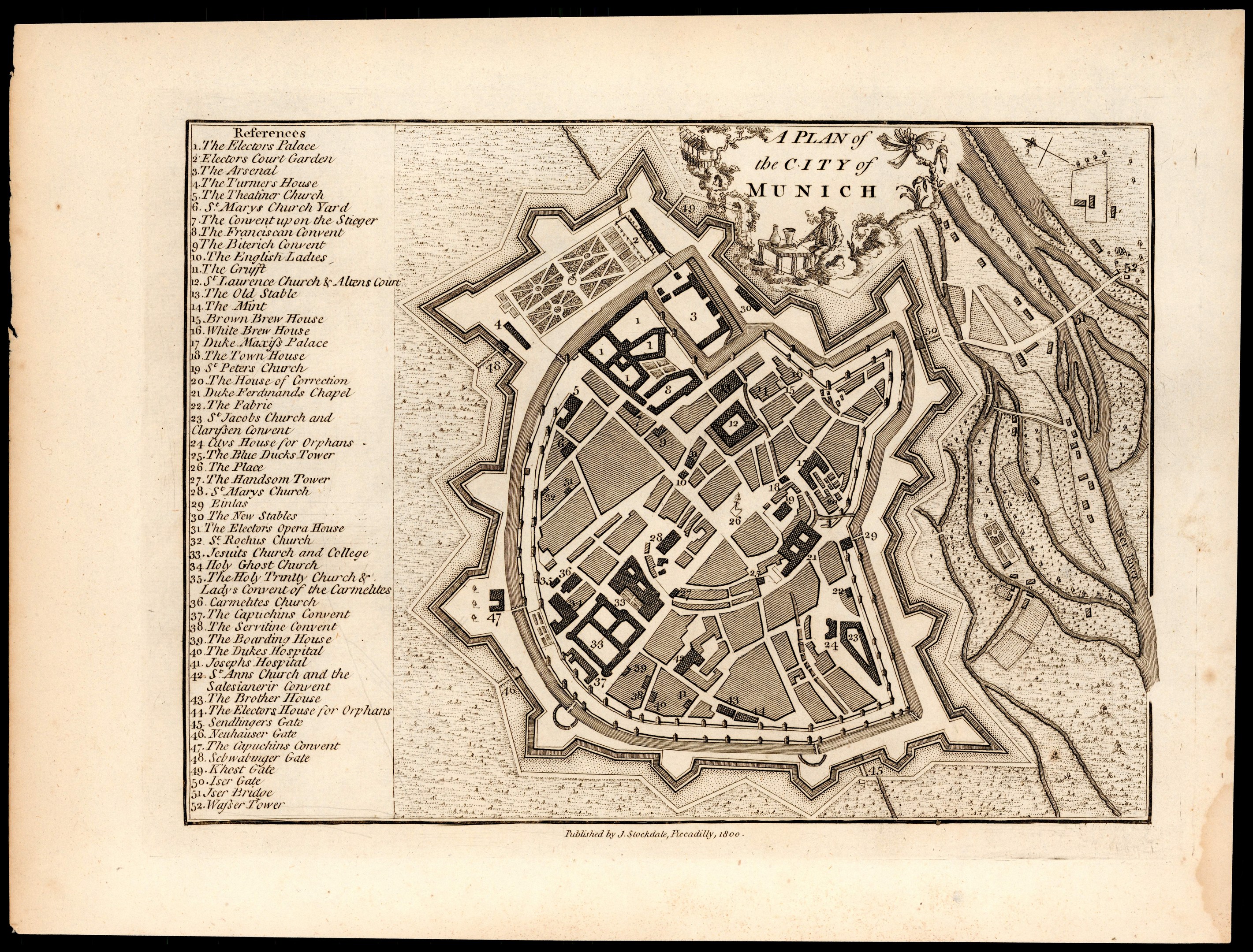 Ausführliche alte Karte von München, Deutschland, mit Straßen, Gebäuden und Sehenswürdigkeiten auf schwarzem Hintergrund, begleitet von Textbeschriftungen.