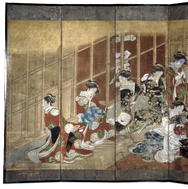 Ein japanisches Vier-Paneel-Bild aus der Meiji-Zeit, das Frauen in Kimonos zeigt, die in einem Kreis stehen, mit einer Frau in der Mitte mit ausgestreckten Armen, vor einem tiefblauen Hintergrund in leuchtenden Farben.