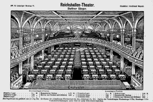 Eine Schwarz-Weiß-Zeichnung des Reichshallen-Theaters in Berlin, Deutschland, zeigt das Auditorium mit Sitzreihen, Säulen und einer Decke, mit Text unten.