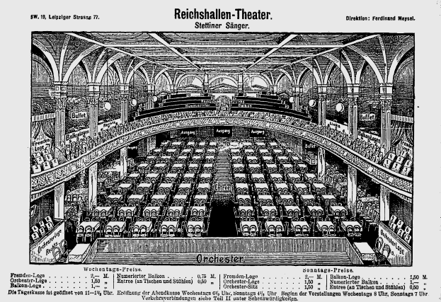 Eine Schwarz-Weiß-Zeichnung des Reichshallen-Theaters in Berlin, Deutschland, zeigt das Auditorium mit Sitzreihen, Säulen und einer Decke, mit Text unten.