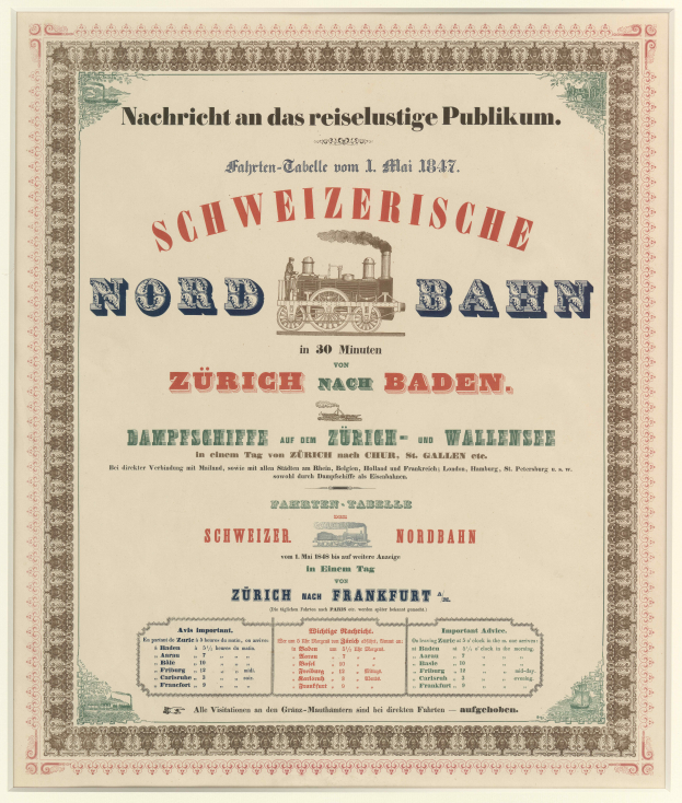 Ein Plakat mit einem zentralen Bahnbild auf einem hellgelben Hintergrund mit einem schwarz-weißen Karomuster und fetter schwarzer Schrift, die "Schweizerische Nordbahn in Baden, Deutschland" lautet und von einem dekorativen Rahmen umgeben ist.