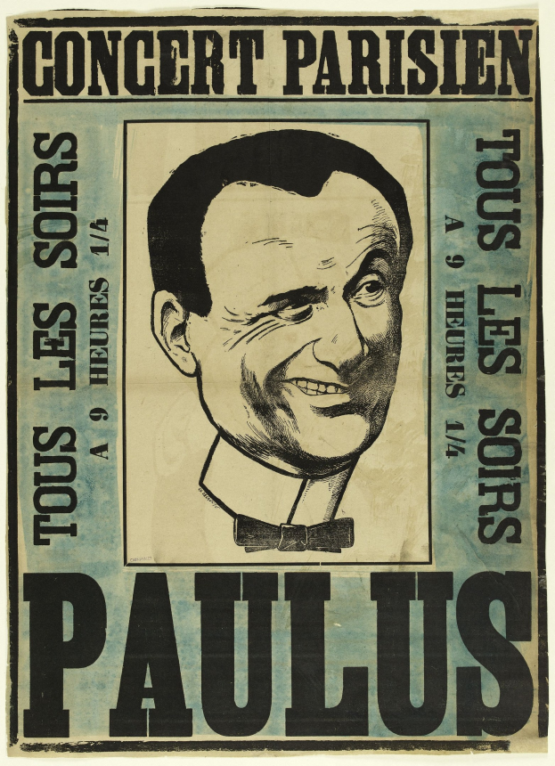 Konzertplakat in Paris mit einem Porträt von Paulus und Ereignisinformationen im Text.