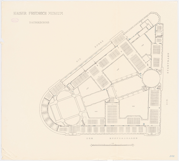 Ein detaillierter Grundriss des Kaiser-Friedrich-Museums in Dresden, Deutschland, der Räume, Flure und andere Merkmale mit Text beschriftet zeigt.