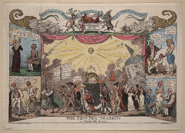 Ein Plakat auf einem Tisch oder an der Wand, das Menschen mit Schildern zeigt, mit Comic-Teufeln oben.