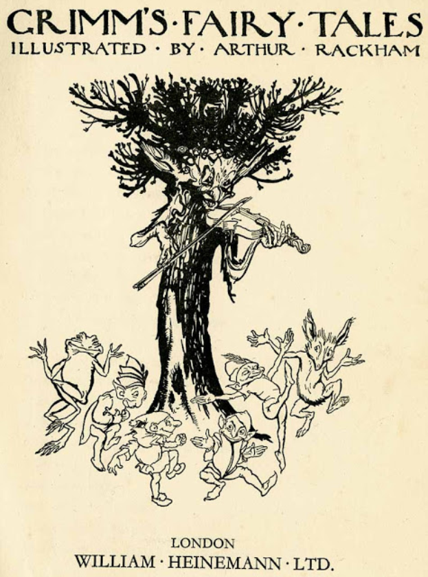 Eine Zeichnung der Grimmschen Märchen von Arthur Rackham illustriert, die einen Baum mit ein paar Menschen drumherum zeigt und eine zauberhafte Atmosphäre schafft.