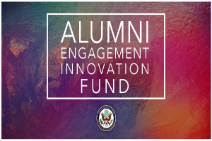 Logo für den Alumni Engagement Innovation Fund auf einem lebendigen, farbenfrohen Hintergrund mit dem Namen des Fonds darum.