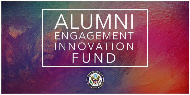 Logo für den Alumni Engagement Innovation Fund auf einem lebendigen, farbenfrohen Hintergrund mit dem Namen des Fonds darum.