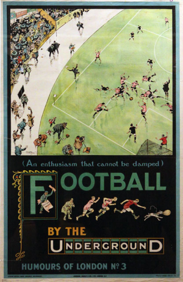 Ein Vintage-Plakat, das ein Fußballspiel bewirbt, mit der Aufschrift "Football by the Underground - Humours of London No. 3", zeigt Zuschauer in einem Stadion.