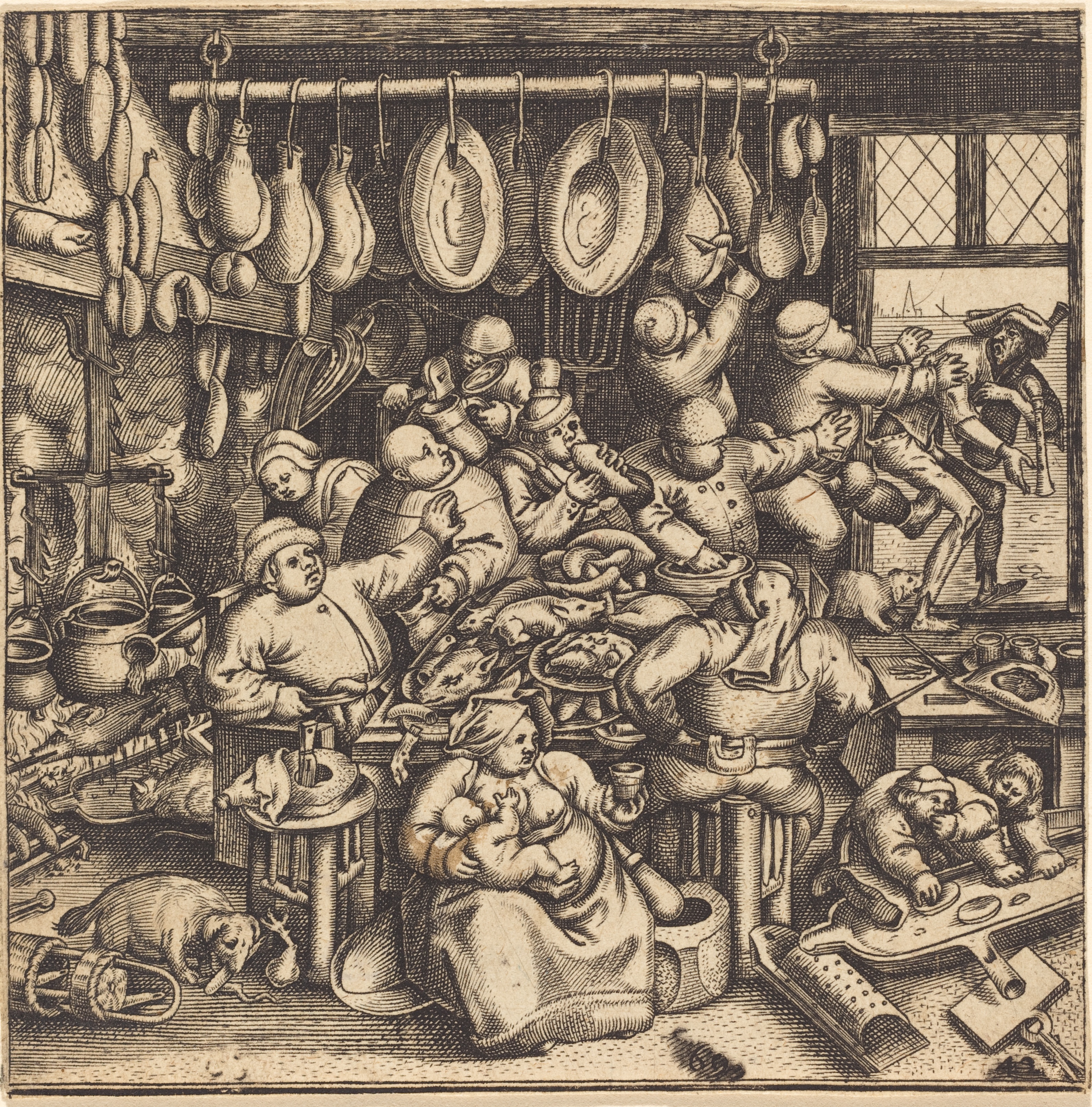 Eine Schwarz-Weiß-Radierung einer belebten Metzgerei mit mehreren sitzenden und stehenden Personen, einem Fenster auf der rechten Seite und verschiedenen Gegenständen im Hintergrund.