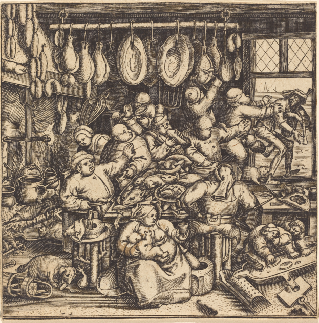 Eine Schwarz-Weiß-Radierung einer belebten Metzgerei mit mehreren sitzenden und stehenden Personen, einem Fenster auf der rechten Seite und verschiedenen Gegenständen im Hintergrund.