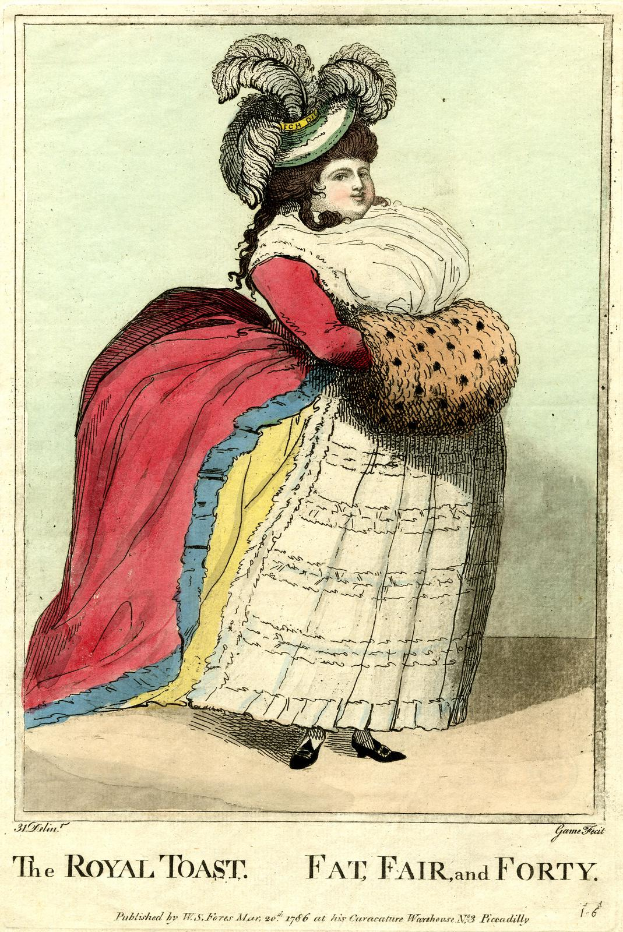 Eine Frau in einem farbenfrohen, gemusterten Kleid und einer Federhaube steht majestätisch, Hände verschränkt, mit der Aufschrift "The Royal Toast, Fat Fair and Forty" in fetter Schrift unten.