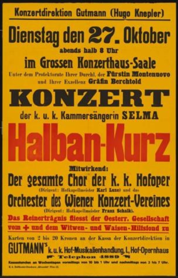 Plakat in Berlin, Deutschland für ein Konzert mit dem Titel "Konzert Halban-Kurz" auf gelbem Hintergrund.