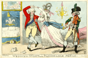 Eine Karikatur eines Mannes und einer Frau, die auf einer Hochzeit tanzen, beleuchtet von einem Kronleuchter, mit einem Bett, einem Wandrahmen und verschiedenen Gegenständen auf dem Boden; unten steht der Text 'Hochzeitsnacht oder das Modevergnügen'.