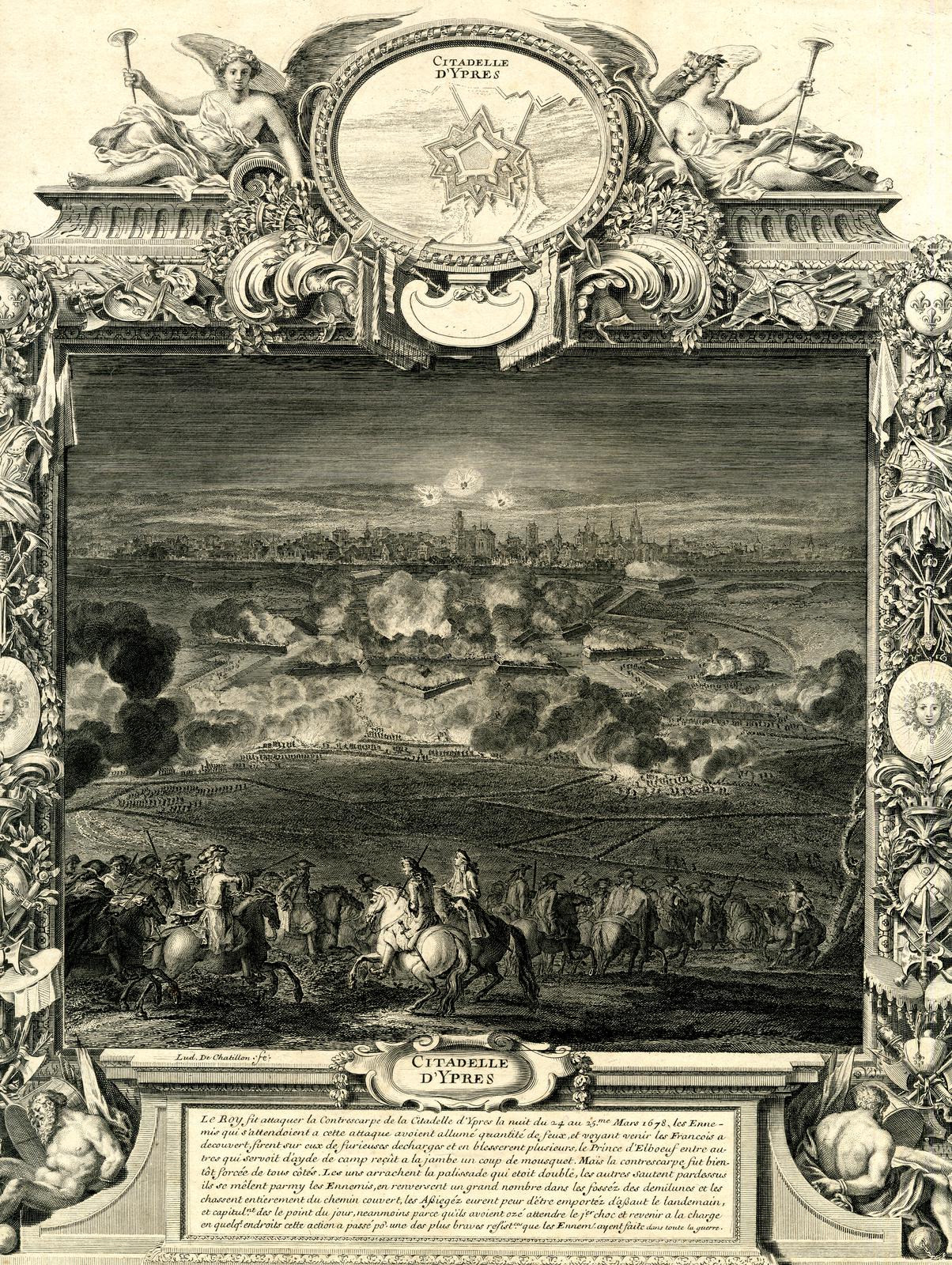 Eine Schwarz-Weiß-Gravur eines Bilderrahmens mit einer Stadtlandschaft und Skulpturen von Menschen, Pferden und anderen Gegenständen sowie Text unten.