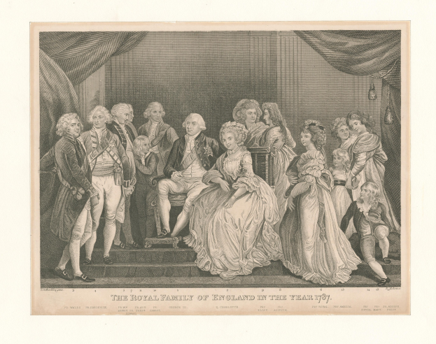 Eine Gruppe von Menschen aus der englischen Königsfamilie im Jahr 1787, die auf einer Treppe stehen und sitzen, mit Vorhängen im Hintergrund, begleitet von Text am unteren Rand.