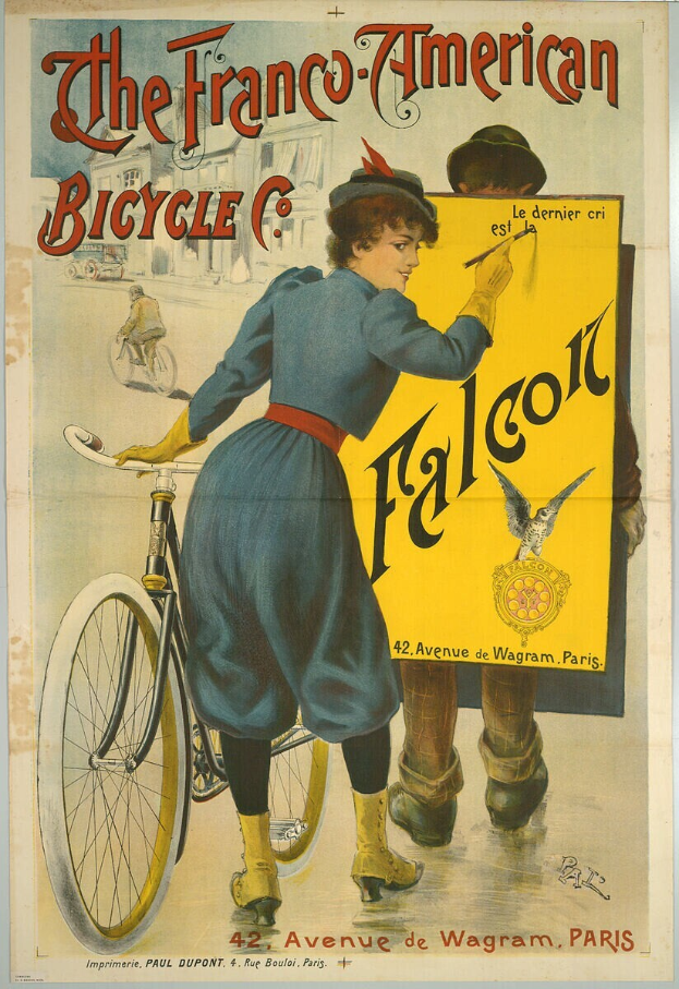 Eine Frau steht neben einem Fahrrad auf einem Plakat, das die Franco-Amerikanische Fahrrad Co. bewirbt.