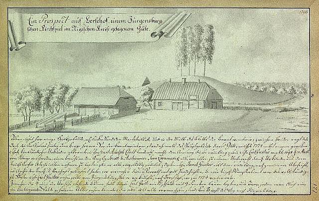 Ein altes historisches Dokument mit der Aufschrift "Surgensburg, Deutschland - Landschaft einer Farm", das eine ländliche Szene mit einem Farmhaus, umgeben von Häusern, Bäumen und einem Himmel zeigt.