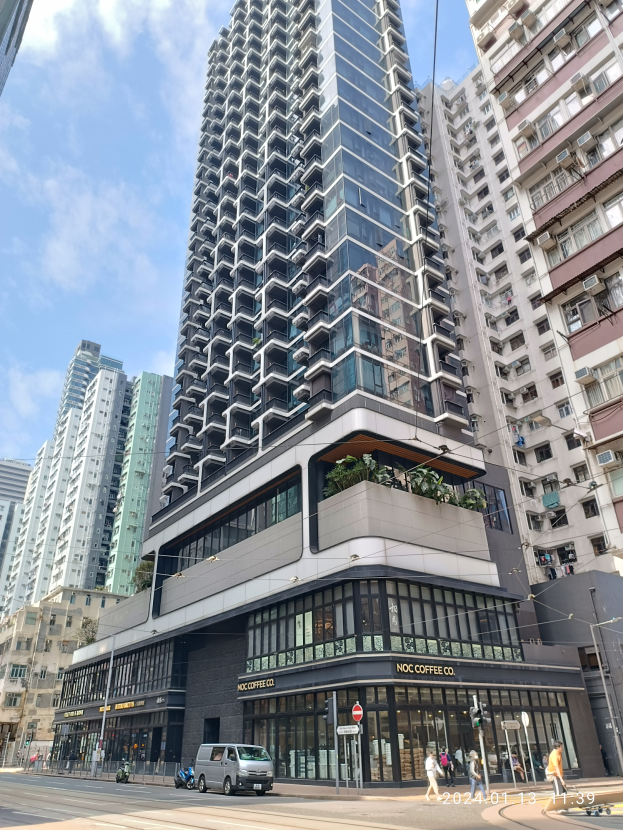 Ein hohes Gebäude mit der Aufschrift Noc Coffee Co. steht in der Mitte einer belebten Stadtstraße, umgeben von anderen Gebäuden, Straßenlaternen, Schildern, Kraftfahrzeugen, Passanten, Bäumen und einem bewölkten Himmel.