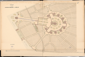 Ein detaillierter Stadtplan von Berlin auf dem Cover eines alten Buches, der Straßen, Gebäude und Sehenswürdigkeiten zeigt.
