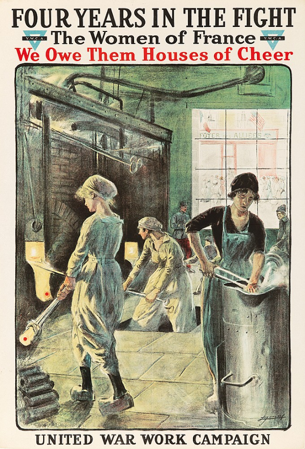 Ein Plakat mit vier entschlossenen Frauen in einer Reihe, mit der Aufschrift "Wir schulden ihnen Häuser der Freude" oben, symbolisiert die Stärke und Resilienz der Frauen Frankreichs.