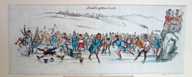 Eine Zeichnung von Menschen, die Eis hockey auf einer verschneiten Fläche spielen, mit "Duddington Loch" oben und unten geschrieben, unter einem tiefblauen Himmel.