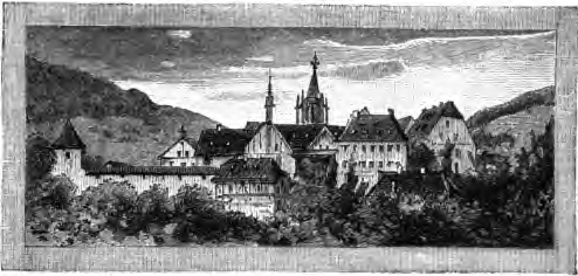 Schwarze und weiße Gravur eines Schlosses umgeben von Bäumen und Hügeln, mit dem Text "Bayern, Deutschland" unten.