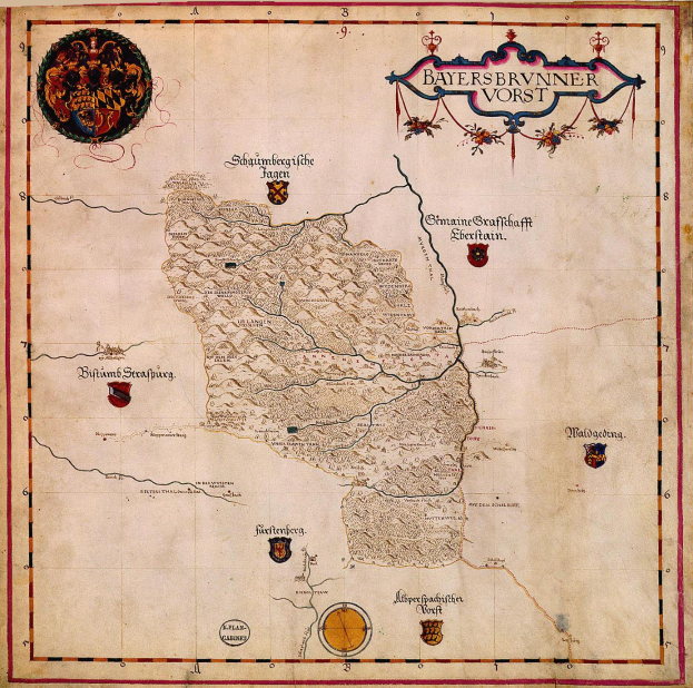 Eine detaillierte 15. Jahrhundert-Karte von Bayern, die geographische Elemente wie Flüsse, Berge und Städte zeigt, begleitet von informativen Texten und Logos.