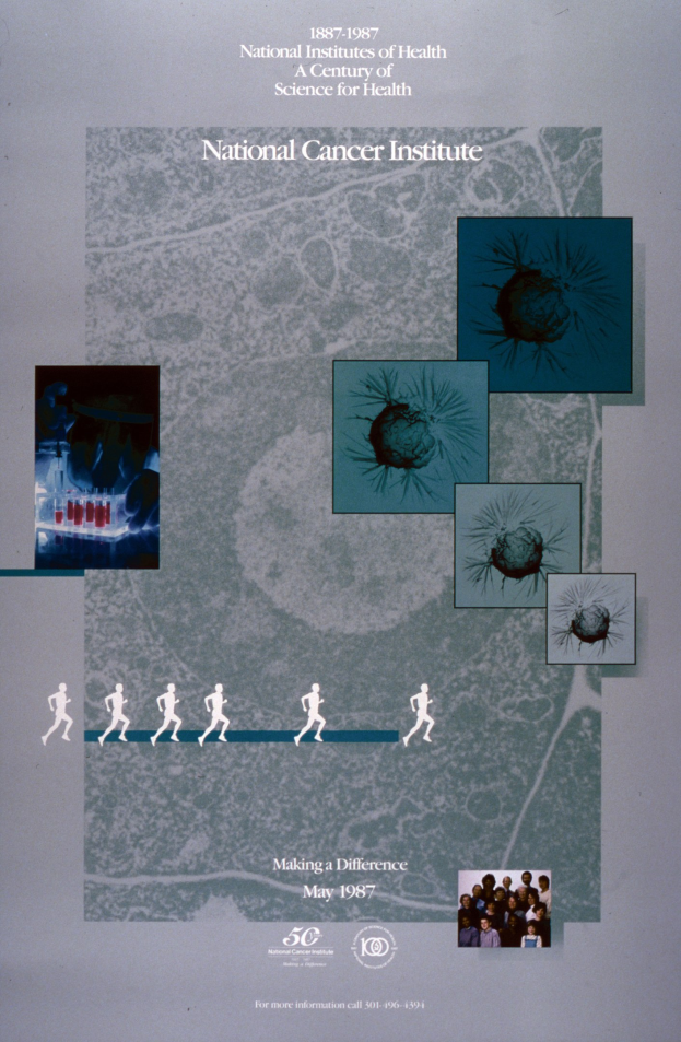 Buntes Plakat mit blauem Hintergrund und weißer Schrift, die in fetter, Großbuchstaben geschriebene 'National Cancer Institute' lautet, umgeben von überlappenden Bildern von lachenden Menschen verschiedenen Alters, Geschlechts und Ethnien, die in einem Kreis angeordnet sind.