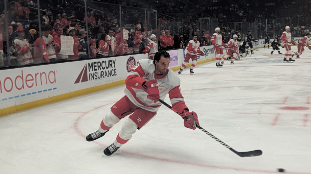 Eine Gruppe von Menschen, die Hockey auf einem Eisstadion spielen, mit Helmen und Hockey-Schlägern, sowie Zuschauern auf den Tribünen und einem Banner mit Text auf der linken Seite des Stadions.