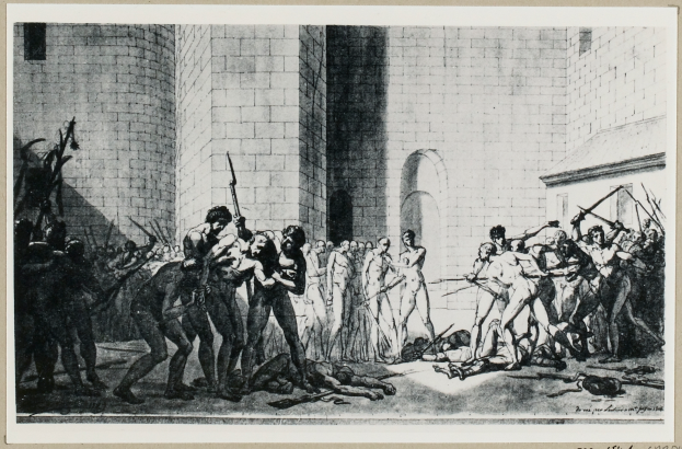 Ein Schwarz-Weiß-Zeichnung einer Gruppe von Menschen in einem Gefängnis, einige halten Waffen, mit einer Wand und einem Gebäude im Hintergrund und Text unten.